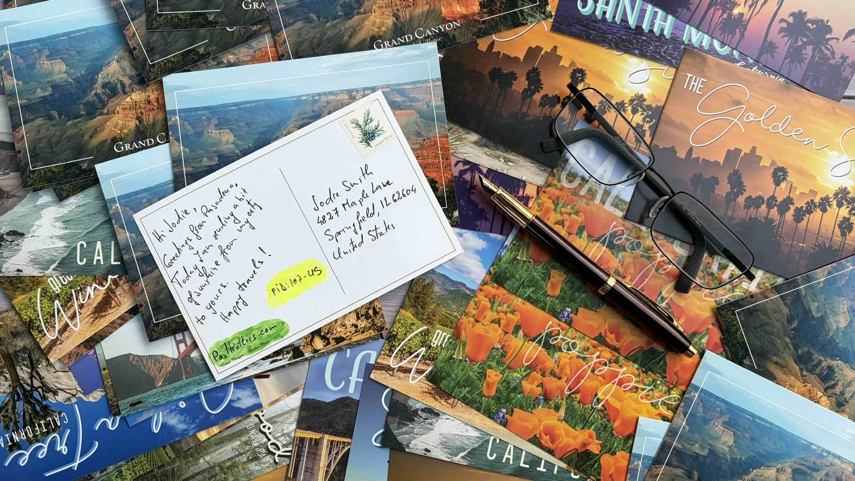 Writing a postcard at a desk